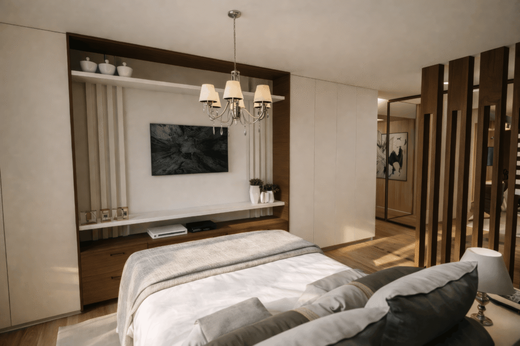 Quarto de casal moderno com lustre e painel ripado projetado por Escritório de Arquitetura em Palhoça.